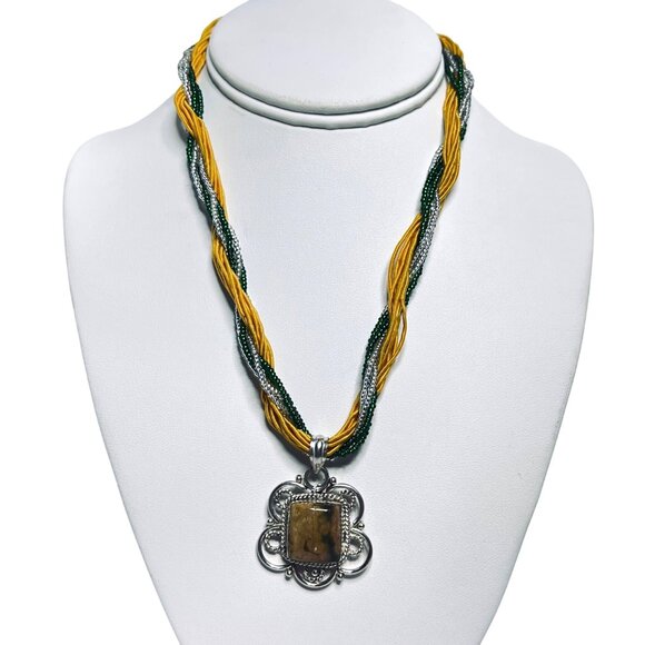 12 Strand Green & Silver Seed Bead Necklace With Jasper Pendant (5891) - Picture 1 of 6